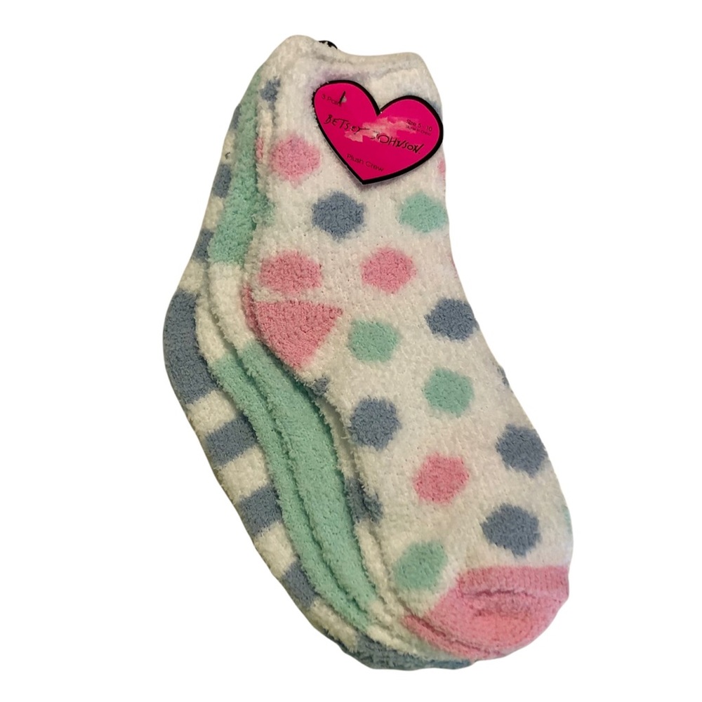 3 BETSEY JOHNSON White Aqua Green Blue Pink Dot Stripe Plush Crew Socks NWT
